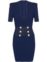 Balmain robe courte nervurée à boutons embossés - Bleu