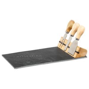 Borrelplank/kaasplank set - inclusief 3x kaasmes - Leisteen/hout - 16 x 32 cm - serveerplank