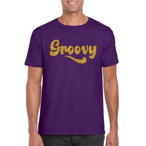 Paars Flower Power t-shirt Groovy met gouden letters heren