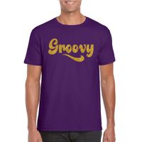 Paars Flower Power t-shirt Groovy met gouden letters heren - thumbnail