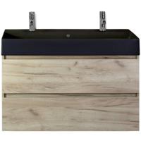 Maxx XL Badmeubelset 100 cm - Craft Oak - Wastafel Kube Zwart 2 Kraangaten