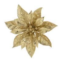 Decoratie bloem - kerstster - op clip - goud - glitter -15 cm - kunststof - kerstversiering