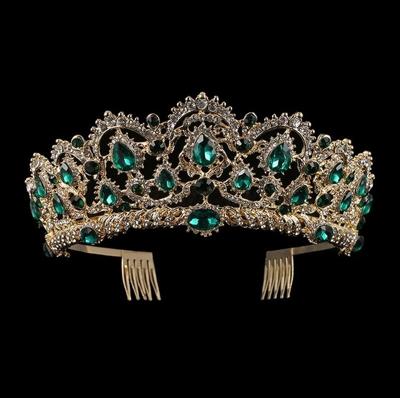 Crystal Tiaras Vintage Gold Rhinestone Pageant kroont met kam barokke bruiloft haaraccessoires (goud groen)