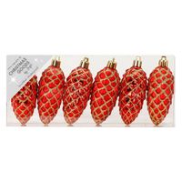 6x stuks kunststof kersthangers dennenappels rood 9 cm kerstornamenten