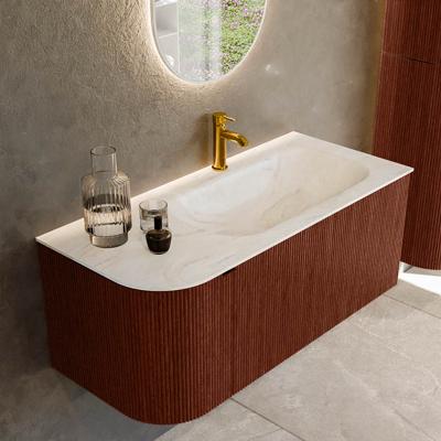 Badmeubel Mondiaz Kurve-Dlux | 105 cm cm | Meubelkleur Ruby | Wastafelkleur Ostra | Solid surface | Wasbak rechter zijde spoelbak | 1 kraangat