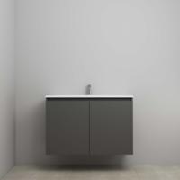 On-Line Onderkast - 100 cm - Voorgemonteerd - Greeploos 2 Deuren - Acryl Wastafel - 1 Kraangat - Mat Antraciet