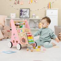Houten Baby Loopsteun met Gladde Handvatten & Geïntegreerde Speelactiviteiten Loopwagen Roze