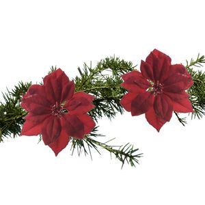 2x stuks kerstboom decoratie bloemen rood glitter op clip 24 cm