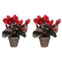 2x stuks cyclaam kunstplanten rood in keramieken pot H30 x D30 cm - thumbnail