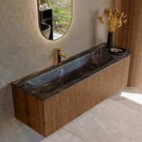 Mondiaz KURVE-DLUX 145 cm Onderkast Greeploos 1 Lade Met Deuren Walnut, Wastafel Solid Surface Links Lava 1 Kraangat Zonder Spiegel (KRVBGL145R1L1D1KL-Wal/Lav)