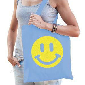 Cadeau tas voor dames - glitter smiley - blauw - katoen - 42 x 38 cm - Moederdag - verjaardag