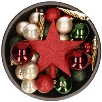 33x stuks kunststof kerstballen met piek 5-6-8 cm rood/groen/champagne incl. haakjes