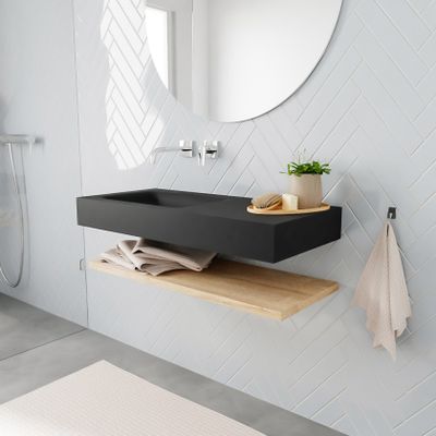 Mondiaz Alan badmeubel 100 cm planchet washed oak vrijhangend wastafel links zonder kraangat zwart