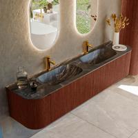 Badmeubel Mondiaz Kurve-Dlux | 200 cm cm | Meubelkleur Ruby | Wastafelkleur Lava | Solid surface | Wasbak beiden zijden spoelbak | 2 kraangaten