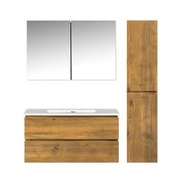 Badkamermeubel Set Callisto Diamond Hangend 100x50x48cm Mat Eiken Softclose Greeploos Mineraalmarmer Wastafel Zonder Kraangat Overloop met Spiegelkast en Badkamerkast - thumbnail