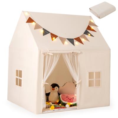 Kinderspeeltent Peutertent voor Binnen en Buiten met Gevoerde Antislipmat Vlaggen Koordlampjes Ramen voor Kinderen van 3 tot 14 Jaar