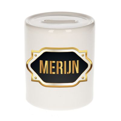 Naam cadeau spaarpot Merijn met gouden embleem