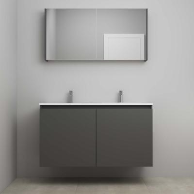 On-Line Badkamermeubelset - 120 cm - Bouwpakket - Greeploos 2 Deuren - Acryl Wastafel - 2 Kraangaten - Spiegelkast - Mat Antraciet
