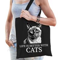Cadeau tas voor kattenliefhebbers - zwart - Siamees kat/poes - katoen - 42 x 38 cm