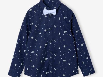 Kersthemd met print voor jongens blauw, bedrukt