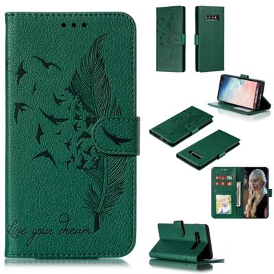 Feather patroon Litchi textuur horizontale Flip lederen draagtas met portemonnee & houder & kaartsleuven voor Galaxy S10 PLUS (groen)