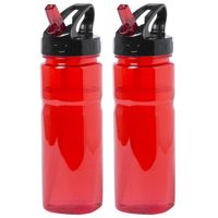 Kunststof waterfles/drinkfles/sportfles - 2x - rood - met drinktuit - 650 ml - Drinkflessen