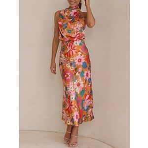 Dames Lange jurk maxi-jurk Gala jurk Feestjurk Satijnen Jurk Wit blauw Oranje Bloemig Mouwloos Herfst Winter Met ruches Modieus Halternek Avond Feest Vakantie