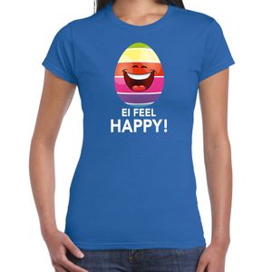 Vrolijk Paasei ei feel happy t-shirt blauw voor dames - Paas kleding / outfit