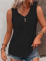 Loose V Neck Casual Buttoned Eyelet Embroidery  Front Tank Top - thumbnail
