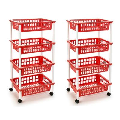 Plasticforte opberg trolley - roltafel - met 4 manden - rood - set 2x stuks - 40 x 50 x 85 cm