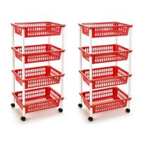 Plasticforte opberg trolley - roltafel - met 4 manden - rood - set 2x stuks - 40 x 50 x 85 cm