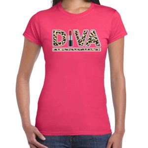 Diva lipstick fun tekst t-shirt voor dames roze met panter print