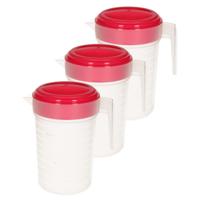 Schenkkan/waterkan met deksel - 3x stuks - 1 liter - fuchsia/ transparant - kunststof