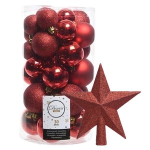 Decoris kerstballen 30x stuks - rood 4/5/6 cm kunststof mat/glans/glitter mix en piek - Kerstbal