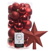 Decoris kerstballen 30x stuks - rood 4/5/6 cm kunststof mat/glans/glitter mix en piek - Kerstbal - thumbnail