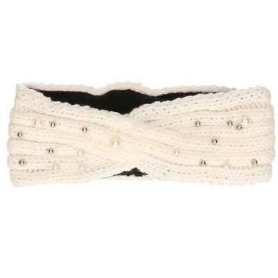 Winter hoofdband wit met parels en fleece voering voor dames