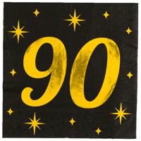 Verjaardag feest servetten - leeftijd 90 jaar - 16x stuks - zwart/goud - sterren - 33 x 33 cm