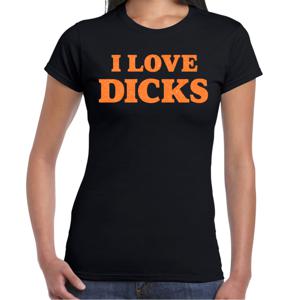 Foute party t-shirt dames - I love dicks - zwart - glitter oranje - carnaval/themafeest