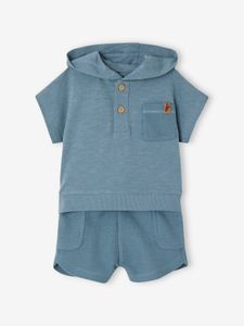 Babyset met T-shirt met capuchon en short met honingraatmotief groenblauw