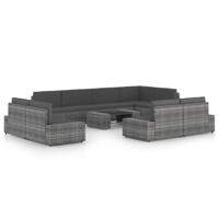 10-delige Loungeset met kussens poly rattan grijs