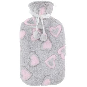 Warmwaterkruik 2 liter met zachte fleece hoes lichtgrijs/hartjes