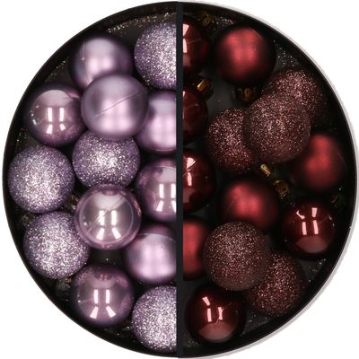 28x stuks kleine kunststof kerstballen lila paars en mahonie bruin 3 cm