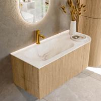Mondiaz KURVE-DLUX 105 cm Onderkast Greeploos 1 Lade Met Deuren Oak, Wastafel Solid Surface Links Frappe 1 Kraangat Zonder Spiegel (KRVBGS105R1L1D1KL-Oak/Fra)