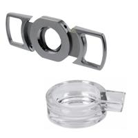 Sigaren set - asbak - glas - D15 cm - sigarenknipper - 26 mm - zilver