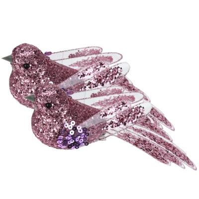 Kerstboomversiering Vogel - 2x stuks - 10 cm - Roze glitter - op clip - ornament