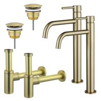 Fortifura Calvi Slim Wastafelkraanset - voor dubbele wastafel - verhoogde wastafelkraan - always open plug - design sifon - Geborsteld Messing PVD (Goud) 2x SW720546/2x SW696208/2x SW696213