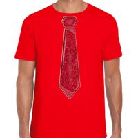 Verkleed t-shirt voor heren - stropdas glitter rood - rood - carnaval - foute party - thumbnail