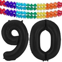 Leeftijd folie ballonnen - Leeftijd cijfer 90 - zwart - 86 cm - en 2x feestslingers gekleurd
