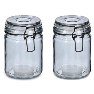 Voorraadpotten/bewaarpotten - 2x - 250 ml - grijs - glas - beugelsluiting - D8 x H10 cm