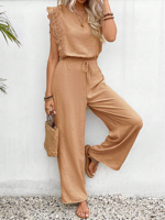 Women's Lace Plain Daily Going Out Two-Piece Set Khaki Casual Summer Top With Pants Matching Set
